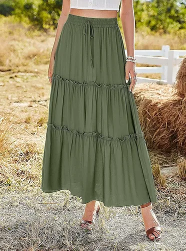 Vista 3 de Avanova Falda larga casual con volantes y cintura alta elástica para mujer