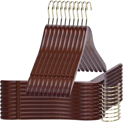 Vista 11 de Perchas de madera semicurvada negra de calidad, paquete de 10 perchas de madera maciza con acabado liso con gancho giratorio, chaqueta, pantalón