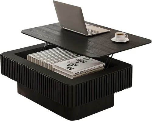 Vista 15 de Mesa de café cuadrada pequeña con almacenamiento, mesa de café moderna de madera con chapa de madera maciza, mesa central estriada