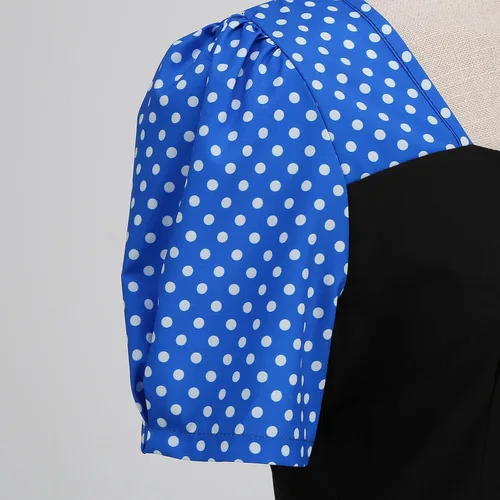 Vista 6 de Vestidos elegantes para mujer, casual, lunares, manga abombada, de un solo botonadura, manga corta, cuello cuadrado, vestido de retazos con vuelo