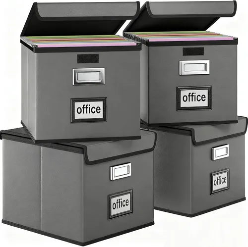 Vista 20 de Caja organizadora de archivos Huolewa con tapa, caja organizadora de carpetas de archivos colgantes de cuero sintético plegable con deslizadores