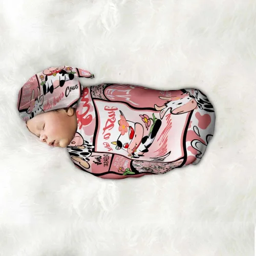 Vista 6 de Juego de mantas para recién nacido con gorro de Who Love Cows, manta de recepción para recién nacido para niño y niña, saco de envolver para ducha