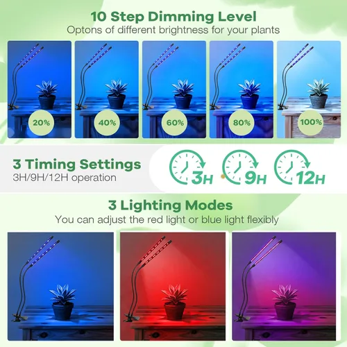 Vista 3 de Luces LED de crecimiento, 2 cabezales, luz roja y azul para plantas con abrazadera para plantas de interior y arranque de semillas, 10 niveles