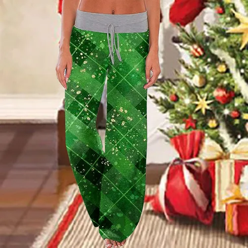 Vista 2 de Pantalones largos de Navidad para mujer, cintura elástica, pantalones anchos de pierna ancha con estampado