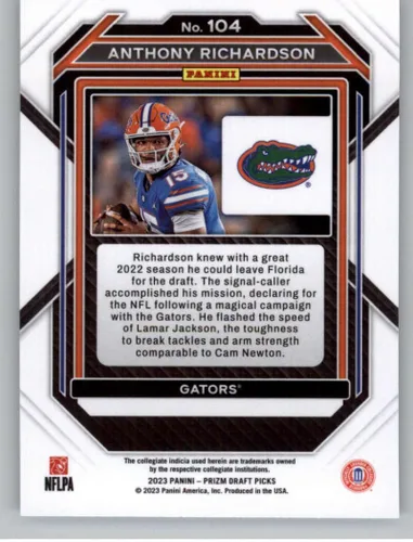 Vista 2 de 2023 Panini Prizm Draft Picks #104 Anthony Richardson Florida Gators RC Rookie Card Tarjeta oficial de fútbol de la NCAA en estado crudo (NM o mejor)
