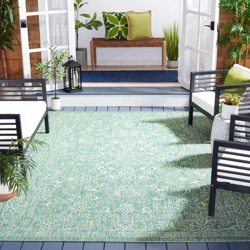 Vista 22 de SAFAVIEH Alfombra lavable al aire libre, colección Courtyard - 2'3" x 5', azul aguamarina y gris, no desprende pelusa y fácil limpieza, ideal