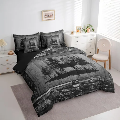 Vista 88 de Feelyou Juego de edredón de ciervo con sábanas – Tamaño Queen 7 piezas Juego de ropa de cama infantil de caza rústica – Cama de ciervo de cabaña