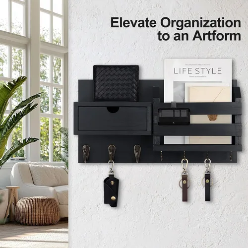 Vista 3 de Lwenki Organizador de llaves y correo de pared con cajón de almacenamiento, 100% madera de Paulownia, 7 ganchos de metal, decoración del hogar