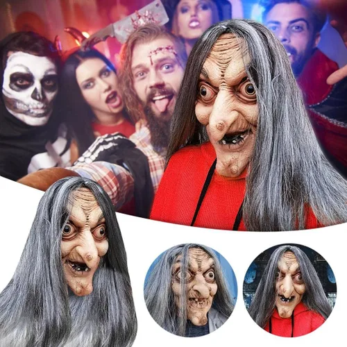 Vista 7 de Máscara de látex humano de cabeza completa para mujer, máscara realista de látex para Halloween, máscara facial de terror para mujeres mayores