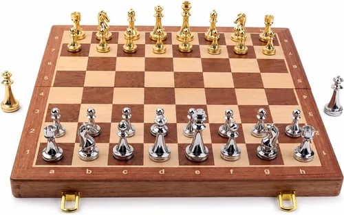Vista 9 de Juego de ajedrez de madera de 11 pulgadas para adultos con piezas de Plata y oro de 11 pulgadas