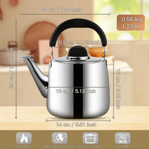 Vista 2 de Hervidor de té, tetera silbante para estufa, tetera de acero inoxidable de 2 cuartos de galón, tetera de inducción para estufa (1.9 L, plateado)