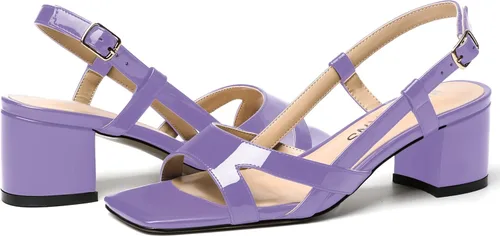 Vista 6 de WAYDERNS Correa ajustable para mujer, puntera cuadrada, correa de tobillo con bloque para citas, hebilla casual, puntera abierta, charol cruzado