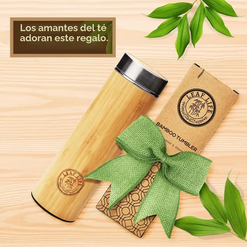 Vista 2 de LeafLife Botella de Té de Bambú Premium para Té Suelto - Botella Infusora de Té - Regalos de Té - Botella de Agua Aislada/Vaso de Café/Té - Set