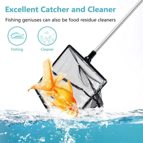 Vista 3 de Red para peces de pecera, red de acuario de malla fina con mango largo de acero inoxidable de 9-24 pulgadas, red extensible para tanque de peces
