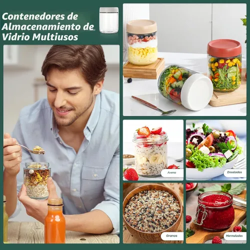 Vista 6 de DIMBRAH Recipientes para Avena Nocturna con Tapas, Frascos de Vidrio de 16oz con Tapas - Juego de 4, Práctico Recipiente de Avena para Llevar