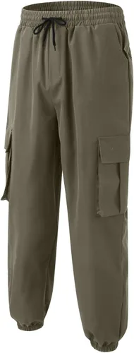 Vista 4 de Pantalones cargo de sarga para hombre, estilo casual, con cordón de algodón, elásticos, elásticos, con múltiples bolsillos