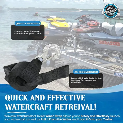 Vista 4 de WavesRx Correa de cabrestante de remolque de jet ski de 2"x12' con gancho de acero inoxidable y lazo de remolque de proa de conexión rápida Correa