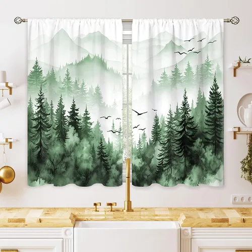 Vista 14 de Cortinas de cocina pequeñas de montaña abstracta verde azulado, tratamiento de ventana de montaña, naturaleza, puesta de sol, paisaje, cafetería