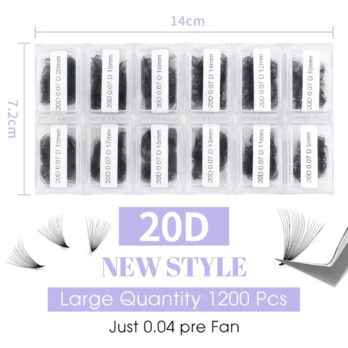 Vista 4 de Extensiones de pestañas de 1200 fans, prefabricadas, con volumen, 9-20mm, bandeja mixta, 20D, con punta en C, base puntiaguda, extensiones