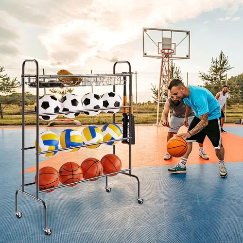Vista 8 de VEVOR Rolling Sports Ball Storage Cart, Lockable Basketball Cage with Double Lids, Sport Equipment Holder Organizer for Indoor Outdoor, Steel