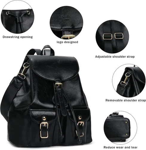 Vista 3 de Chillo - Mochila grande de cuero vegano para mujer, diseño multiusos, con cordón, Negro -, Mochilas de mochila