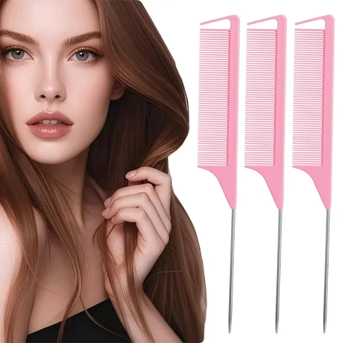 Vista 8 de Peines de cola de rata, 3 piezas para mujer, juego de peines profesionales para seccionar el cabello Rosado