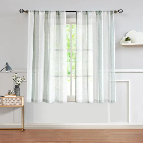 Vista 25 de Central Park Cortinas Transparentes de Rayas Beige y Blancas Estilo Granja de Lino Bouclé, Pares de Paneles de Cortina de Ventana Tejidos con Hilo