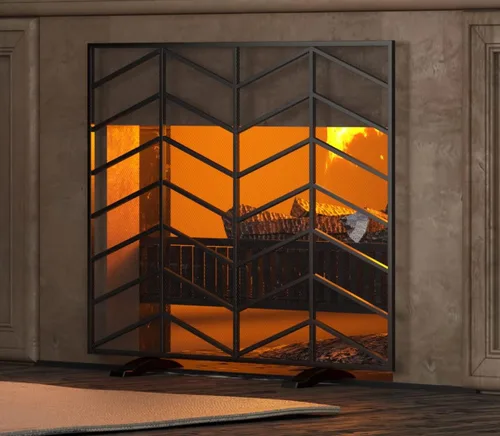 Vista 8 de Fire Beauty Panel único de chimenea de hierro forjado con malla de zigzag, protector contra chispas de fuego para sala de estar, decoración