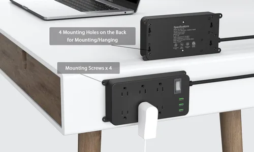 Vista 6 de Regleta de alimentación para exteriores resistente a la intemperie con USB, protector de sobretensiones impermeable, 3 puertos USB, 6