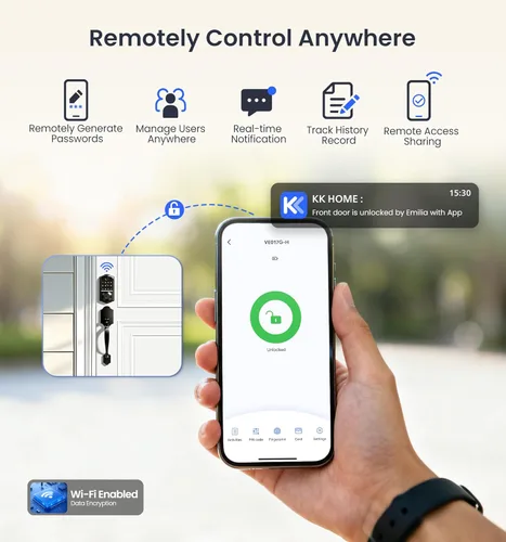 Vista 3 de Veise VE017G - Cerradura de puerta de entrada sin llave Wi-Fi, control remoto de aplicación y control de voz, cerraduras inteligentes de huellas