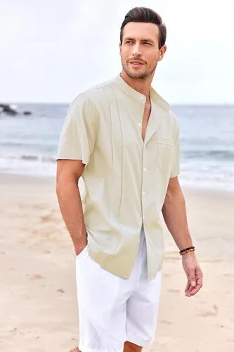 Vista 6 de Ryannology Camisas guayabera de lino de manga corta con botones para hombre, estilo casual, playa, campamento cubano, camisa mexicana para hombre