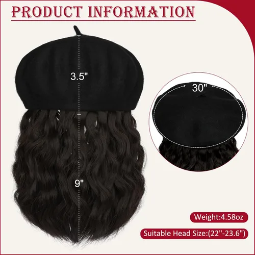 Vista 3 de Boinas con extensiones de cabello, gorra clásica elástica de lana francesa sólida adjunta, corto y rizado, peluca sintética para mujer, color marrón