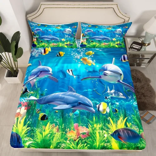 Vista 22 de Sábana bajera ajustable de tamaño individual para niños, diseño de animales marinos náuticos, juego de ropa de cama coral bajo el mar, juego de ropa