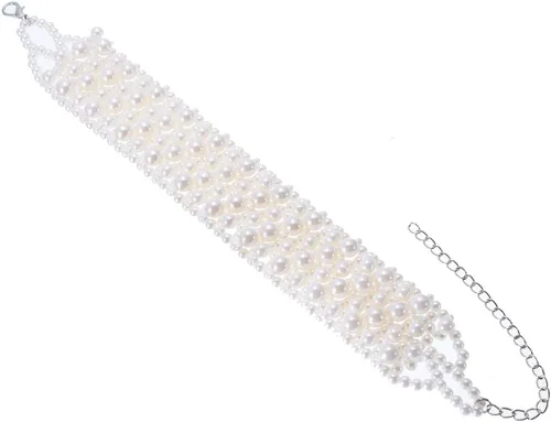 Vista 5 de Collar de cadena de resina de perlas de imitación de múltiples hebras, gargantilla de declaración, joyería de disfraz para mujer, Perla, No es una