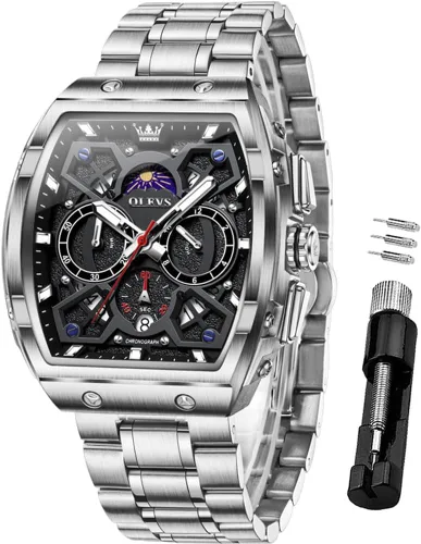 Vista 17 de OLEVS Watch Men Big Square Face Chronograph Stainless Steel Dress Watch Todo negro