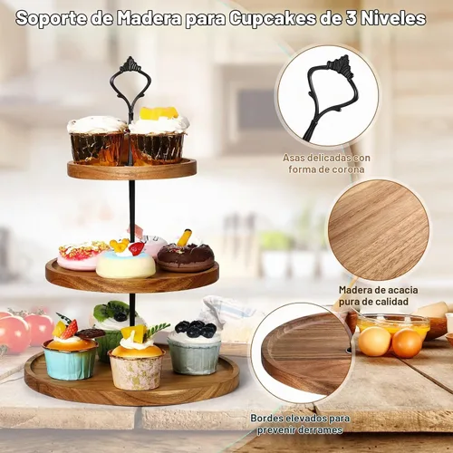 Vista 4 de Zopeal Juego de 3 soportes de madera para cupcakes de 3 niveles, bandeja de madera rústica para servir postres de granja, soporte para torre