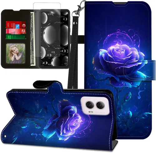 Vista 388 de Funda para Motorola Edge 2022 con protector de pantalla, soporte y tarjetero y correa para la muñeca, funda magnética para Moto Edge 2022 5G UW Lobo