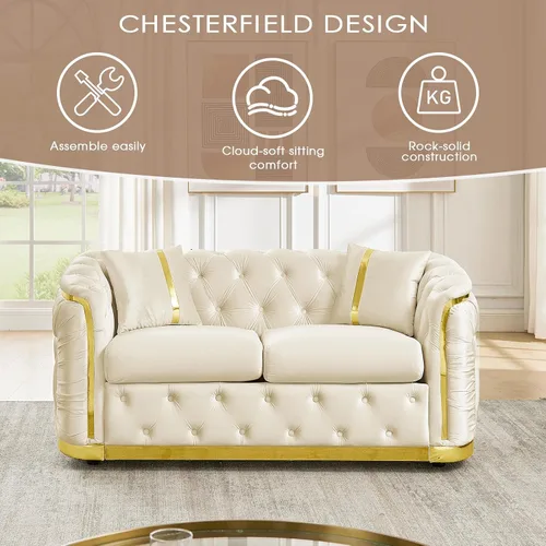 Vista 5 de Sofá Chesterfield de 62.6 pulgadas, moderno de mediados de siglo, sofá de terciopelo blanco beige y dorado, sofás de lujo para sala de estar