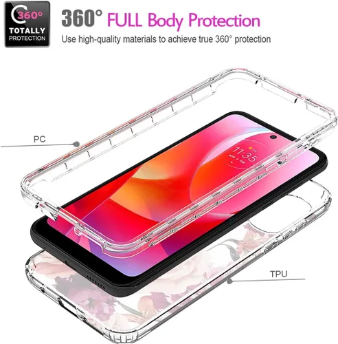 Vista 3 de Funda para Moto G Power 2022, para Motorola G Power 2022 con protector de pantalla de vidrio templado, cubierta de protección floral transparente
