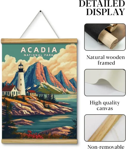 Vista 3 de Acadia National Park - Póster vintage de 12 x 16 pulgadas con marco de madera, colgador de cuerda, impresión artística retro de paisaje costero