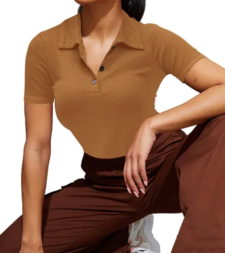 Vista 5 de Camisa polo con botones para mujer, cuello de manga corta, acanalada, elástica, ajustada