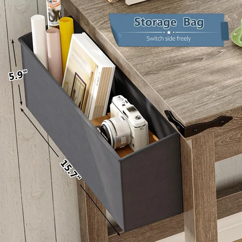 Vista 4 de EnHomee Escritorio rústico de 32 pulgadas, escritorio pequeño para dormitorio con toma de corriente y bolsa de almacenamiento, escritorio resistente