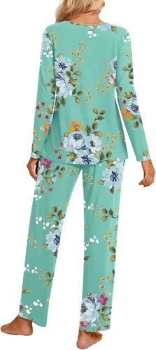 Vista 3 de Aodemo Conjunto de pijama de otoño de 2 piezas para mujer, manga larga, con abertura de cerradura, ropa de dormir para mujer, pijamas de invierno