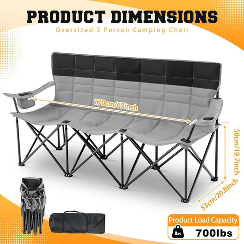 Vista 3 de Teenyyou Silla de camping para 3 personas con cojín grueso, 700 libras, resistente sofá biplaza de playa de gran tamaño con portavasos y bolsa