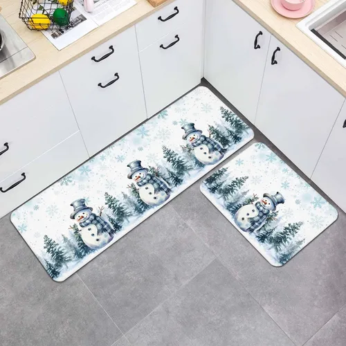 Vista 7 de Juego de 2 tapetes de cocina de Navidad con diseño de muñeco de nieve azul, antideslizantes, para entrada, árbol de Navidad, copos de nieve, tapete