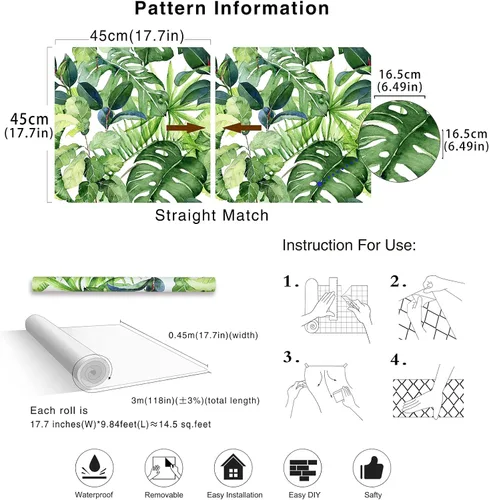 Vista 5 de HAOKHOME Papel tapiz tropical para despegar y pegar, hojas de palma, bosque de selva, papel de pared extraíble para decoración del hogar, 17.7 x 118
