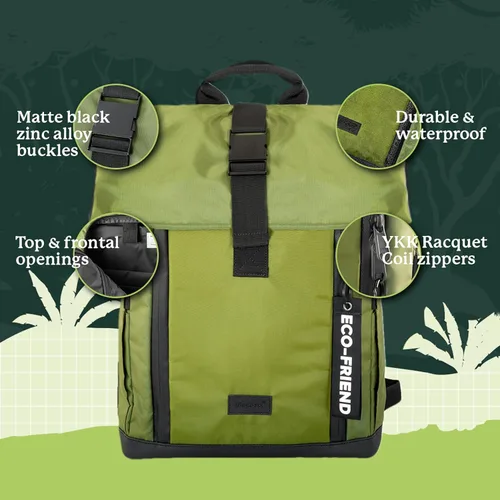 Vista 4 de Dingbats* - Mochila impermeable para laptop - Bolsa de viaje enrollable de 25L, Verde (Green Forest), Mochila