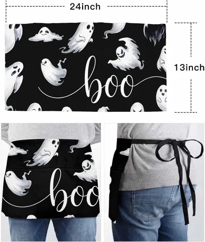 Vista 6 de Delantal de camarera de Halloween para mujeres/hombres con 3 bolsillos, diseño de fantasma blanco clásico negro, delantal impermeable para cocina
