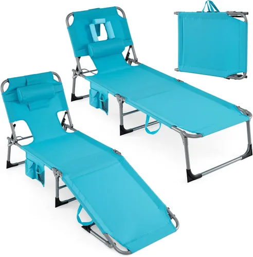 Vista 21 de Goplus Silla bronceadora, silla plegable ajustable para patio con orificio para la cara, almohada extraíble, 330 libras, correa de transporte, silla