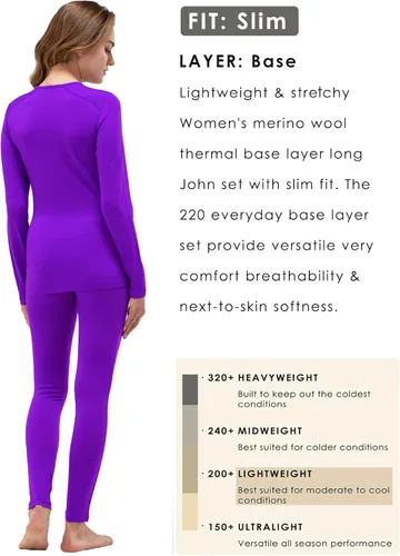 Vista 3 de Conjunto de ropa interior 100 % lana merino para mujer, Light Purple-7.62oz, L